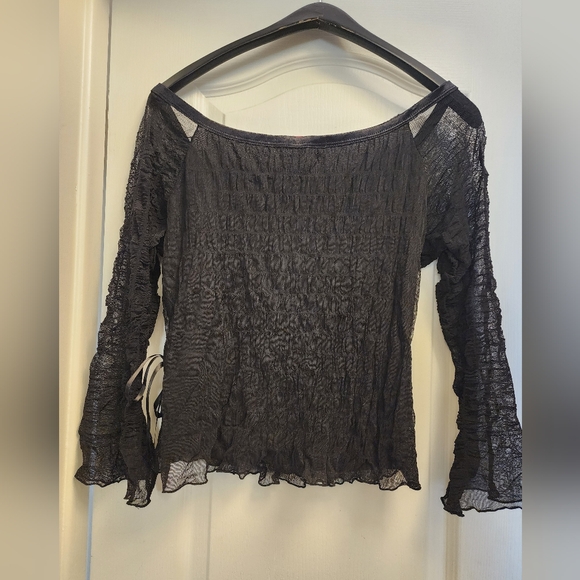 RK MESH FAUX WRAP KNIT TOP WITH FLARED SLEEVES IN SIZE SMALL, BLACK. - Picture 3 of 3